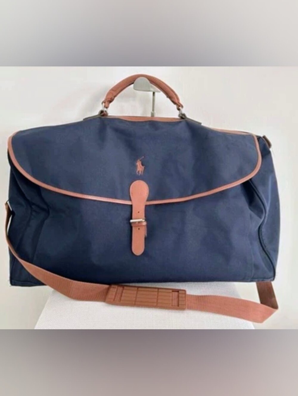 POLO RALPH LAUREN Navy Blue Canvas Duffel Bag with Brown Trim